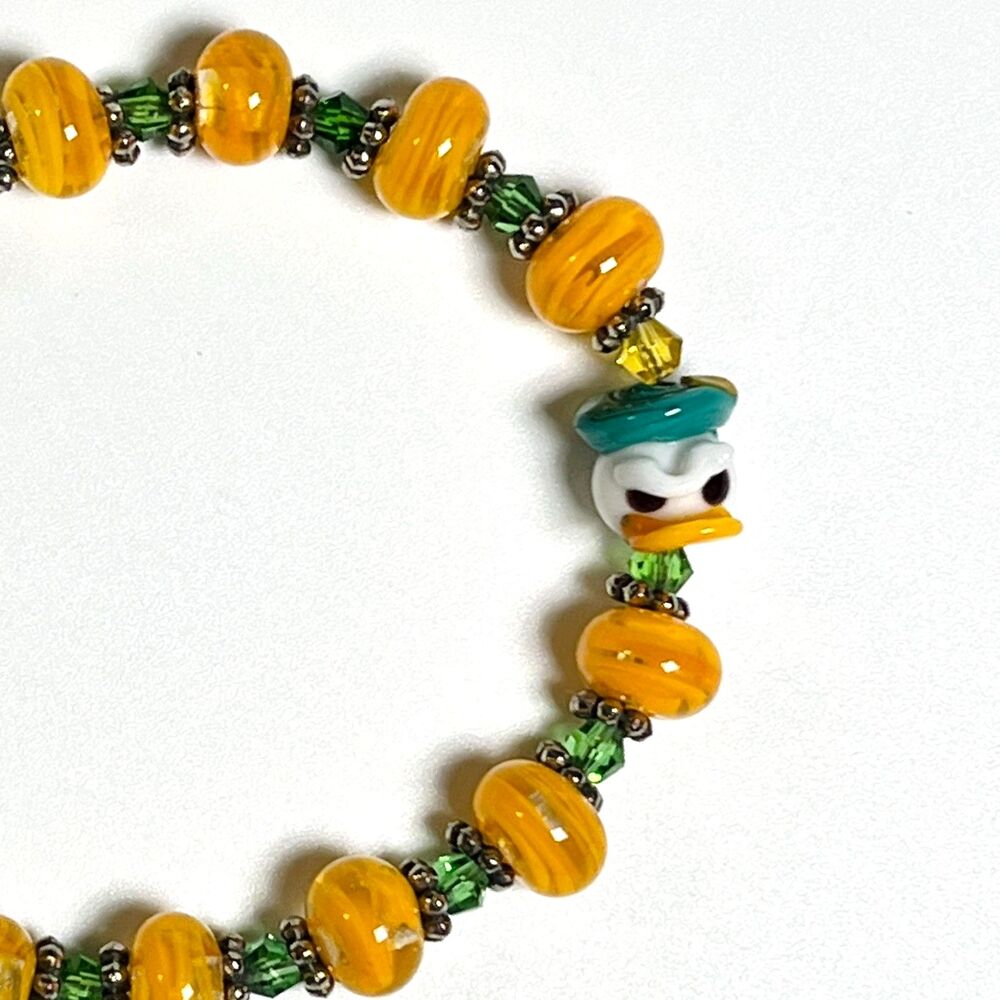 Lampwork Angry Duck Beaded Bracelet Yellow Swirled Art Glass Green Crystal